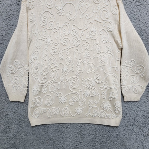 Vintage Outlander Sweater Womens 1X Cream Floral Wool Blend Embroidered Pullover - Picture 4 of 11